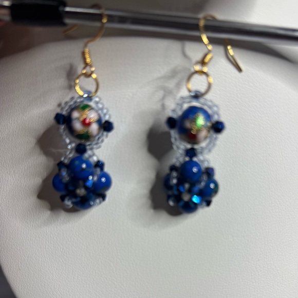 Hand Crafted cloisonné earrings cobalt blue beads blue bicones seed beads 2 in. - Picture 6 of 6